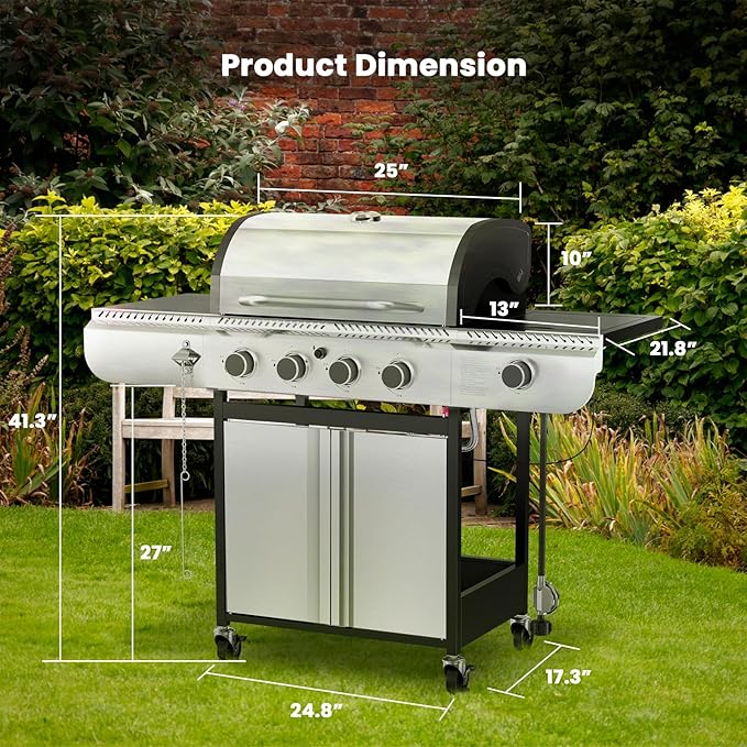 4-Burner Gas Grill with Side Burner,Stainless Steel Propane Grill with Porcelain-Enameled Grills,Built-In Thermometer,42000BTU BBQ Grill for Outdoor Cooking and Patio Barbecues
