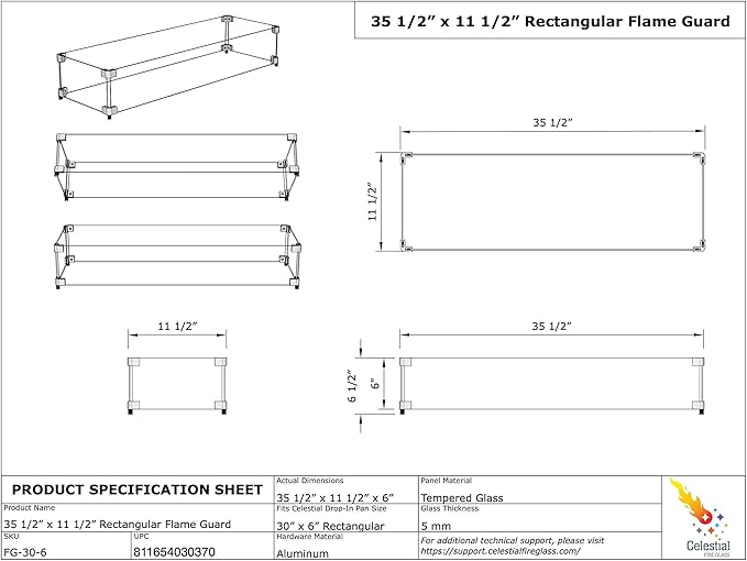 Celestial 35" x 11" x 6" Wind Guard, fits Celestial 30” x 6” Fire Pit Burner Pan