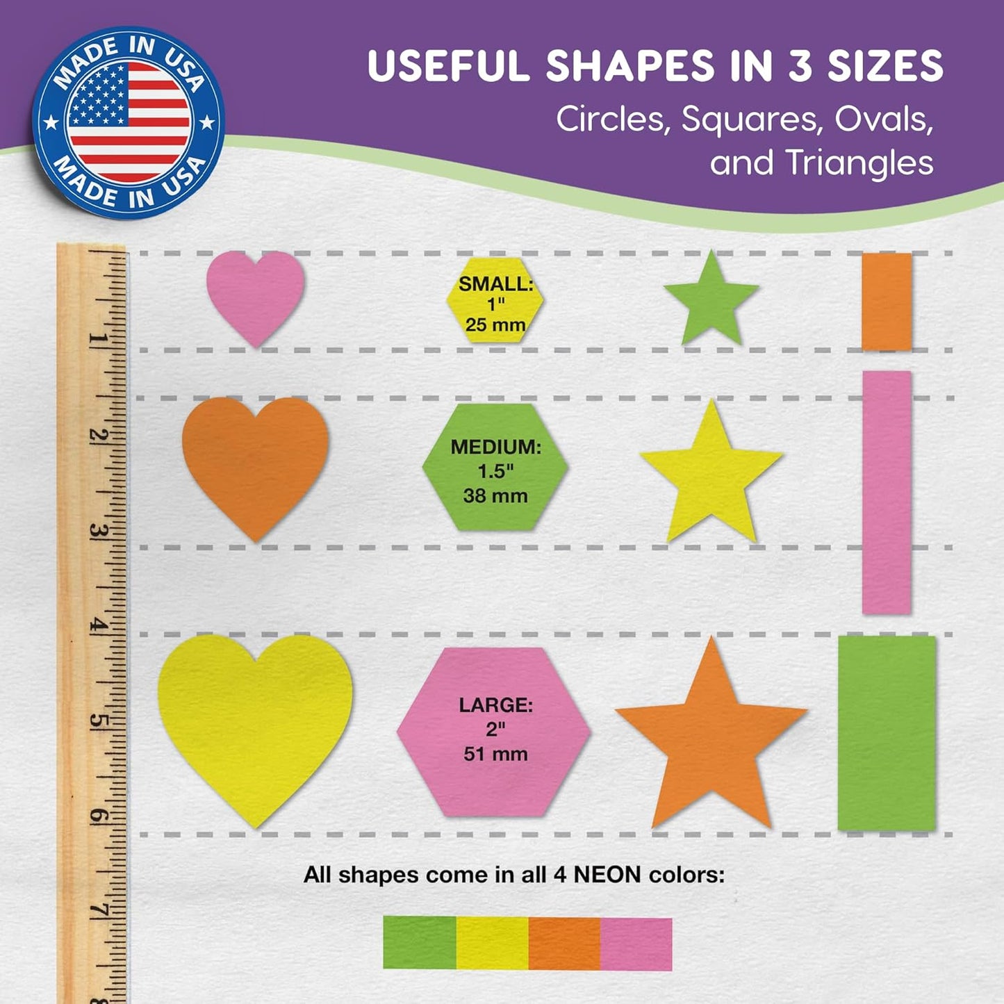 Basic Shapes 2: Hearts, Stars, Hexagons, Rectangles, 696 Pieces US Made Card Stock Punch Out Geometric Shapes in 3 Sizes and 4 NEON Colors for Math, Pattern Play and DIY Crafting