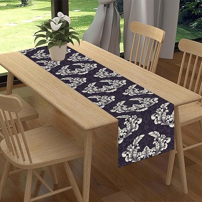 Gothic Table Runner, Antique Retro Damask Floral Bohemian Boho Purple Rustic Vintage Coffee Table Center Decor for Kitchen and Dining Outdoor Home Country Party Table Decorations, 13"x108"