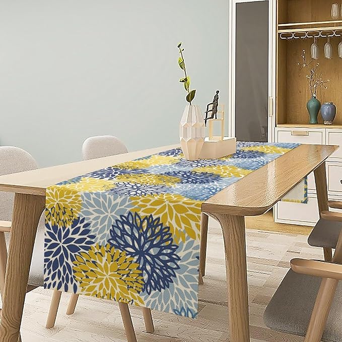 Dahlia Flower Table Runner,Blue Yellow Floral Print Table Runner for Kitchen Dining Table Dinner Holiday Home Party Indoor Outdoor Decor 13x60in