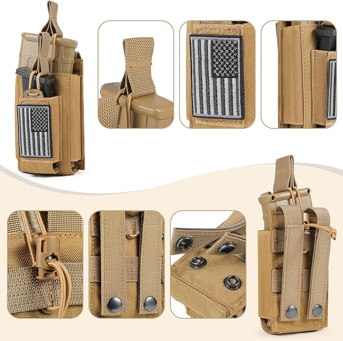 Open-Top Single/Double/Triple Molle Mag Pouch for 5.56mm M4 M16 AK AR Glock M1911 9mm Elastic Rifle Magazines Pistol Mag Pouches Holder Carrier with USA Flag Patch
