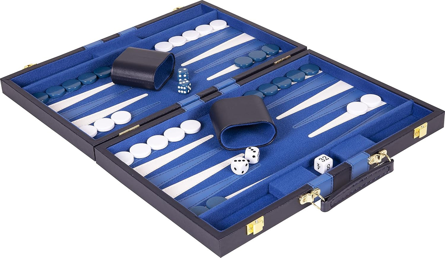 Backgammon Set 15 inch, Medium - Classic Board Game for Adults and Kids with Premium Leather Case - Includes Strategy & Tip Guide (Blue)