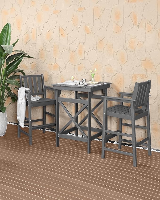 3-Piece Adirondack Chairs and Table Set, HDPE Patio Bar Sets, All Weather Outdoor Bar Stools Set, HDPE Adirondack Bar Height Chairs and Bar Table for Balcony, Pool, Porch, Smoke Gray
