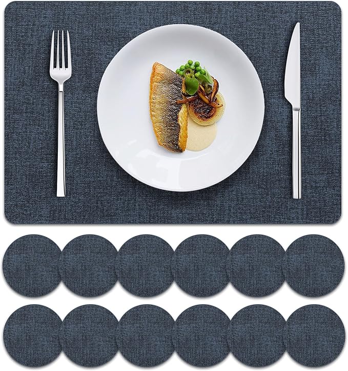 MOSAYT Faux Leather Placemats Set of 12, Heat Resistant Vinyl Place Mats with Coasters, Wipeable Washable 100% Waterproof Oil Proof Table Mats for Kitchen Dining Indoor Outdoor, 12" x 17", Navy Blue