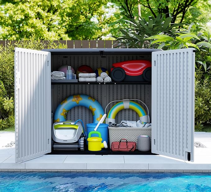 HOMSPARK Storage Shed Weather Resistance, Multi-Purpose Outdoor Storage Cabinet for Backyards and Patios, Horizontal Storage Shed for Lawnmower, Patio Accessories (Off-White, Large - 48 cu.ft)