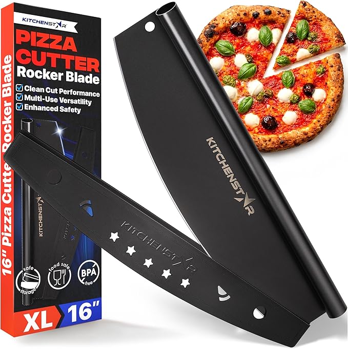 KitchenStar 16-Inch Pizza Cutter Rocker Blade - Sharp Stainless Steel Slicer Knife, Protective Cover, Black Nonstick, Large - Professional Pizza Oven Accessories