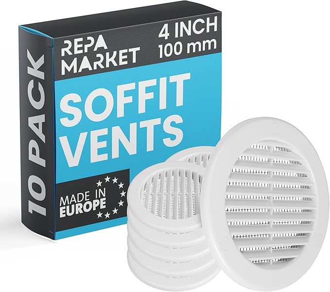 Repa Market 4 Inch (Opening) White Round Air Vent Cover - Pack of 10 Plastic Fresh Air Intake Vent - Grill Cover with Nylon Mesh Screen - Wall or Ceiling HVAC Return Air Register - Modern Soffit Vents