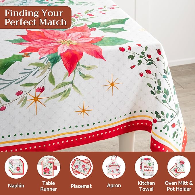 Maison d' Hermine Table Cloth Square Table 100% Cotton 60 x 60 Inches Fall Tablecloth Reusable Everyday Use for Thanksgiving Christmas Decorations Dining Farmhouse Party (Poinsettia Christmas)
