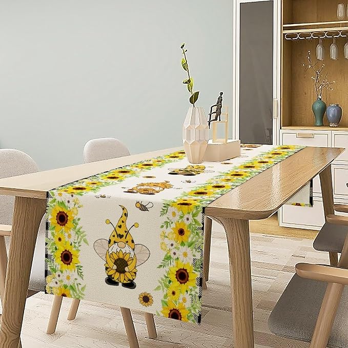 Summer Sunflower Gnome Table Runner, Buffalo Plaid Bee Farmhouse Seasonal Table Decoration for Outdoor Home Party Kitchen Dining Holiday 13x90in