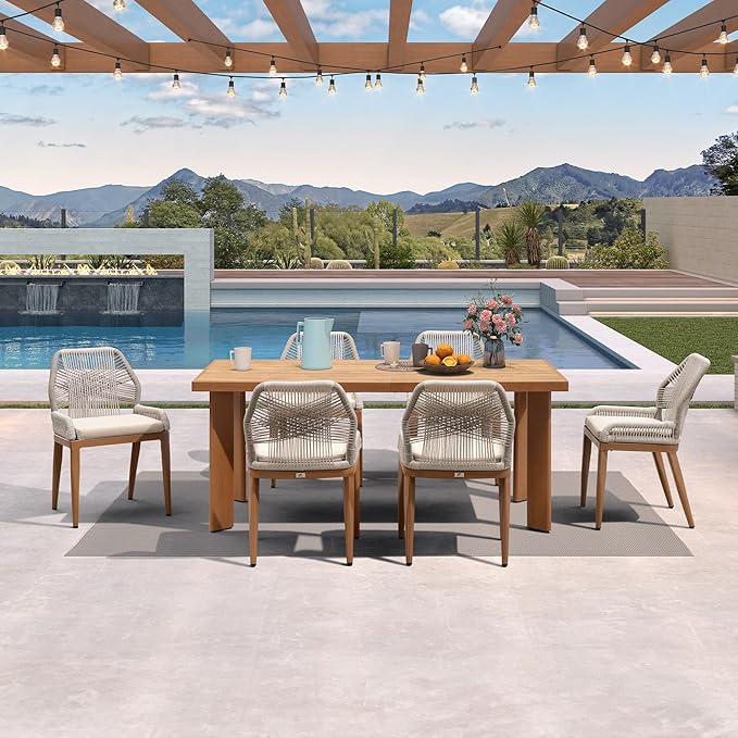 PURPLE LEAF 7 Pieces Dining Set Patio Metal Rectangular Table and Wicker Rattan Chairs for Outside Porch Garden Kitchen Modern Outdoor Furniture Sets with Counter Stools