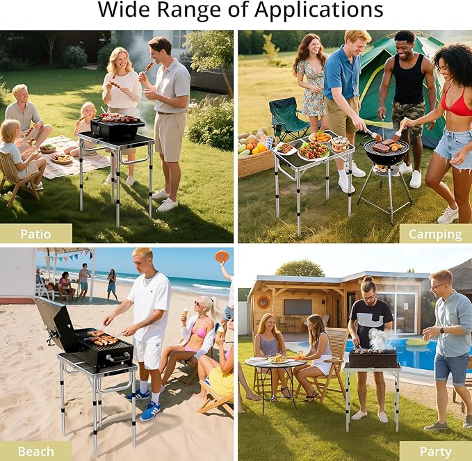 Anbte 2ft Folding Grill Table, Adjustable Height Max 27.5" Aluminum Camping Table, Heat-Resistant Tabletop, Lightweight, Portable Handle for Travel Cooking BBQ Picnic, 22.8" x 16", Silver