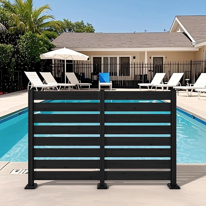 MUPATER 49'' H×78'' W Outdoor Fence Privacy Screen, No Dig Wood Privacy Screen for Hard Ground and Soil, Privacy Fence Panel, Air Conditioner Fence with Aluminum Post, 2 Way to Use, Black (2 Panels)