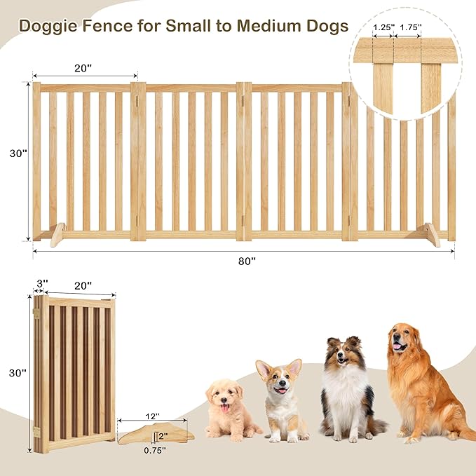 30" Height Tall Freestanding Pet Gate, Solid Wood Folding Safety Fence Wooden Dog Gate with 2 PCs Support Feet Ideal for Stairs, Doorways, Halls, Kitchens, Heavy Duty Gates, 4 Panels, Oak