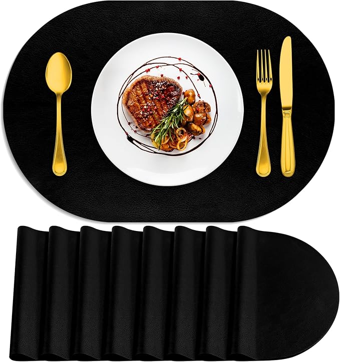ADRIMER Placemats, Heat Resistant Oval Placemats Set of 8 Washable 12 x 17 Inch, Waterproof Table Mats, Wipeable Pu Place Mats for Kitchen, Dining Room, Black