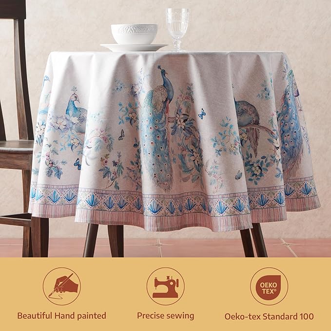 Maison d'Hermine Premium Table Cloth Round Table 100% Cotton 70 Inches Tablecloth Reusable Decorative Everyday Use for Dining Room, Farmhouse, Home, Party, Festive & Wedding - Peacock Utopia - Orginal