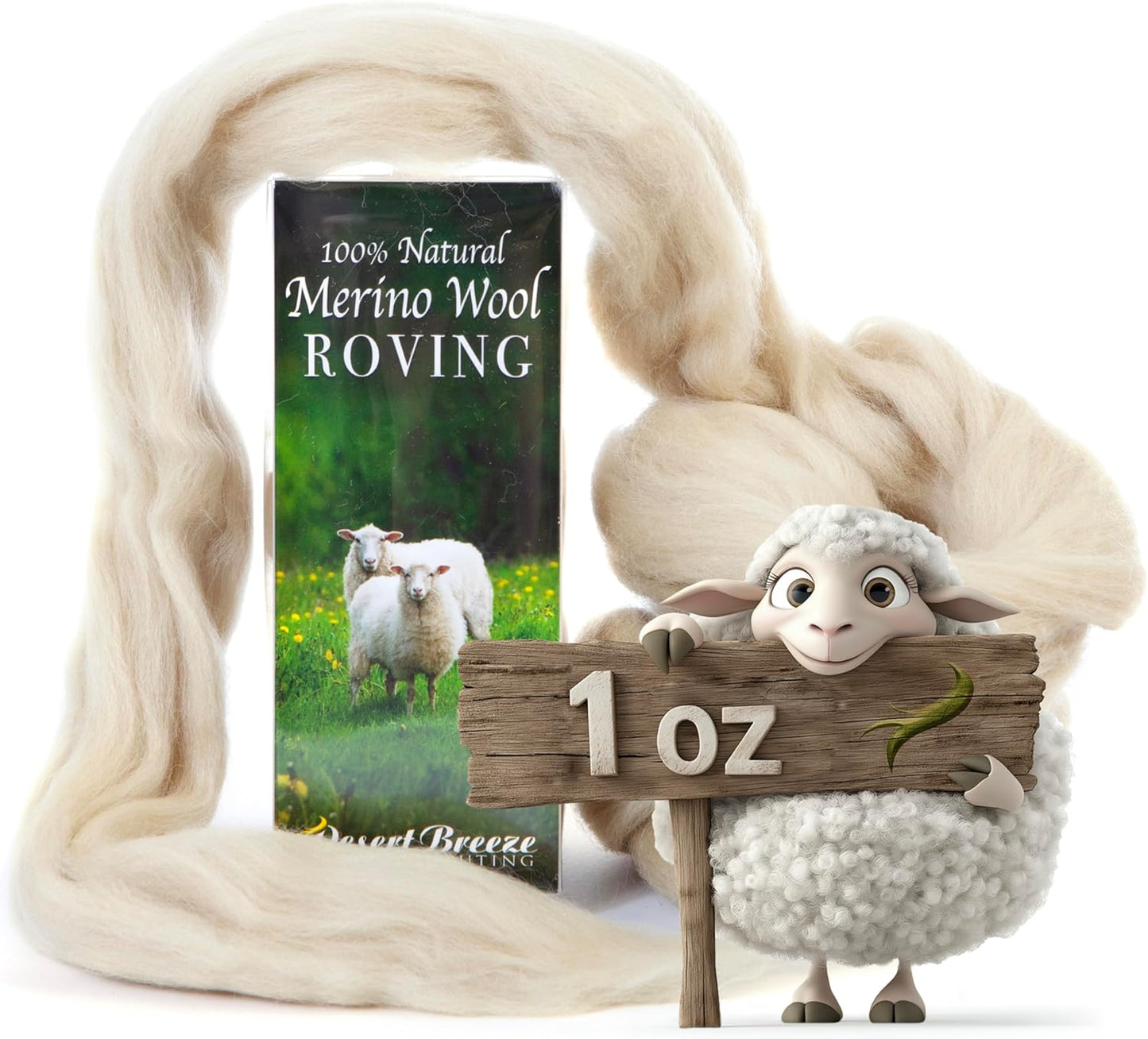 Desert Breeze Distributing 100% Natural Merino Wool Roving - Premium Combed Top Merino Roving Wool - Tapestry, Spinning, Wet Felting & Needle Felting Supplies - 21.5 Micron - 1 oz, Color Parchment