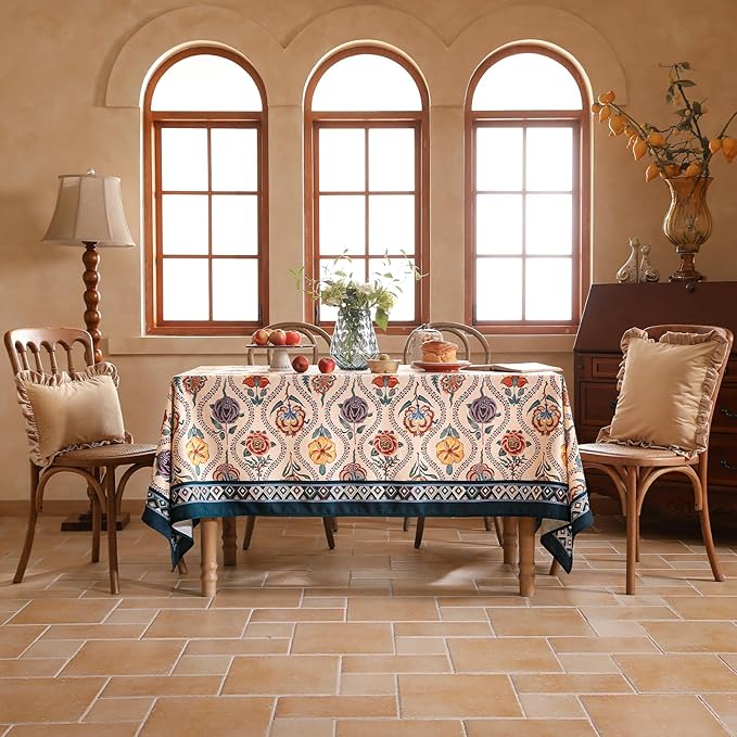 Vintage French Long Rectangular Tablecloth,Linen Tablecloth with Rose and Cornflower Pattern,Decorative Table Cover for Kitchen,Dining,Thanksgiving,Tea Party,63" × 102"-Lanae