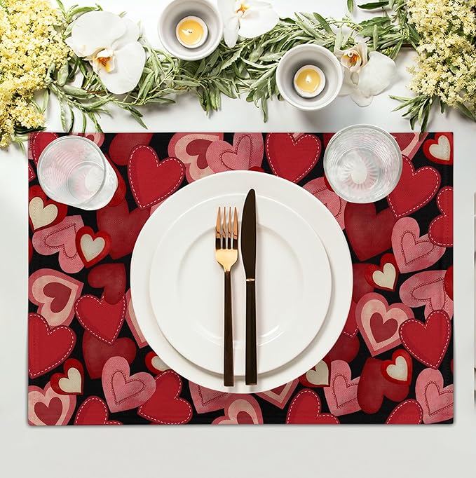 Valentines Day Love Hearts Placemats Set of 4 Valentine Red Black Heart Linen Table Mats Spring Wedding Anniversary Washable Place Mats for Outdoor Home Party Kitchen Dining 12x18 Inch