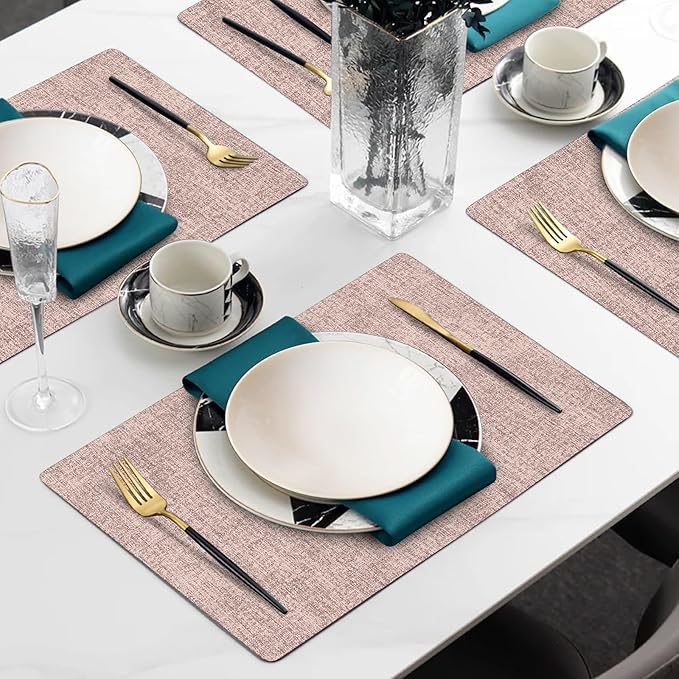 Faux Leather Heat Resistant Placemats Set of 8 – Waterproof Oilproof Wipeable Dining PU Vinyl Place Mat Easy Clean Table Mats for Kitchen/Dining/Party/Holiday, Pink