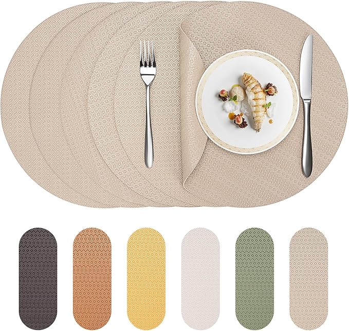 Round Faux Leather Placemats Set of 6 – 13 Inch Vinyl Mats, Heat Resistant, Non Slip, Wipeable & Washable, Easy to Clean Dining Table Decor for Kitchen & Holiday Gatherings（Light Taupe）