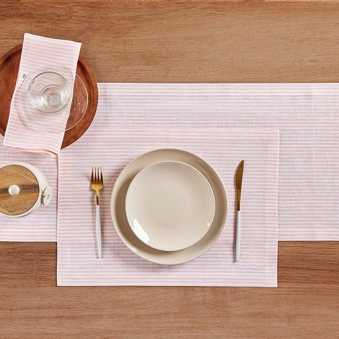Solino Home Linen Table Runner 48 Inches - Narrow Stripe 100% Pure Linen Peach and White Farmhouse Table Runner 14 x 48 Inch Ideal for Dresser and Coffee Tables, Valentines, Spring, Easter