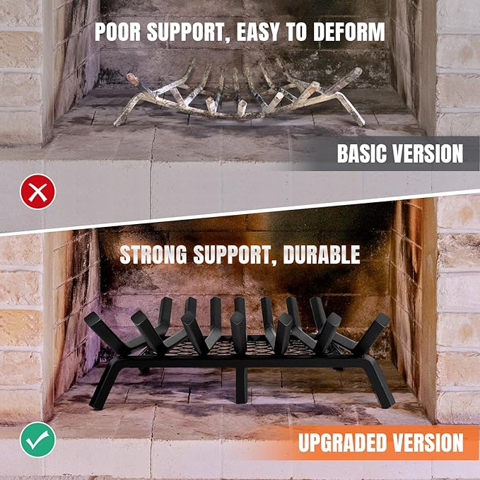 Fireplace Grates with Ember Retainer- 21 Inch Fireplace Log Grate Heavy Duty Solid Steel 7-Bars, Fire Grate, Inside Wrought Cast Iron Wood Stove Pit for Indoor Outdoor Chimney Hearth