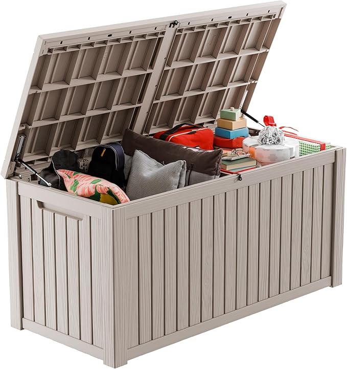 200 Gallon Large Deck Box,Resin Outdoor Storage Box with Lockable for Patio Furniture, Garden Tools Waterproof Outside Storage Box, Grey