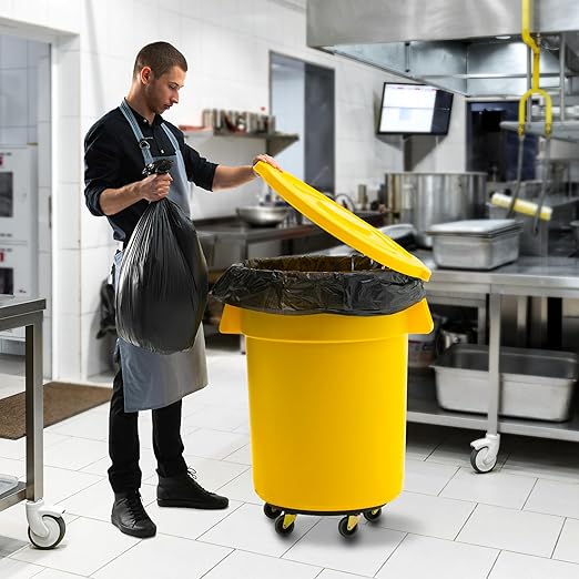 PRO&Family Commercial Round Trash Can with Lid and Dolly Rolling Waste Container, Ingredient Bin, Heavy-Duty Plastic, Anti-Static, Kitchen, Office, Outdoor Use (Yellow, 55 Gallon)