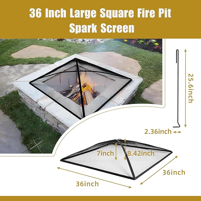 WeCooper Heavy Duty Fire Pit Spark Screen Cover,36in Steel Mesh Square Fire Pit Screen, FirePit Ember Guard with FirePit Poker