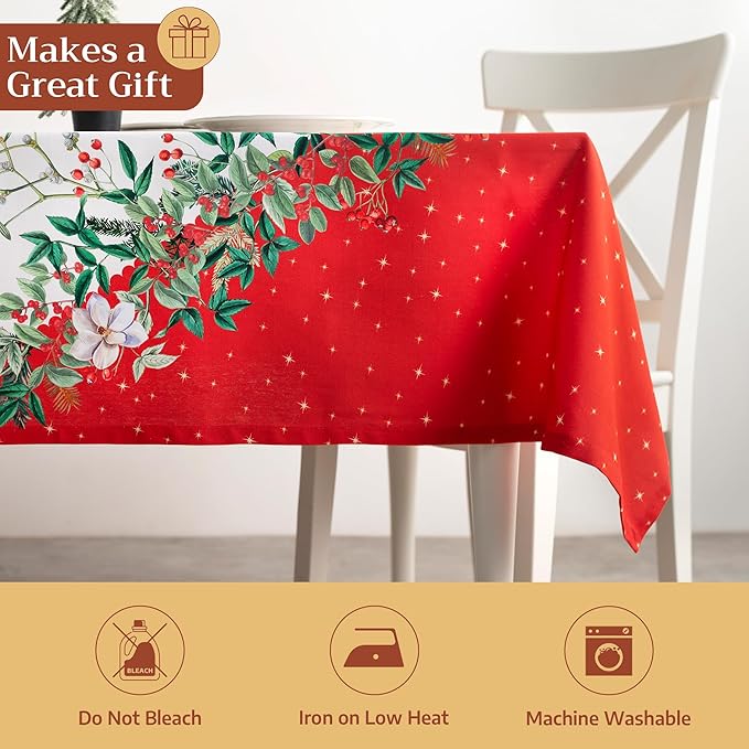 Maison d' Hermine Table Cloth Rectangle Table 100% Cotton 60 x 90 Inches Fall Tablecloth Reusable Everyday Use for Thanksgiving Christmas Decorations Dining Farmhouse Party (Noel)