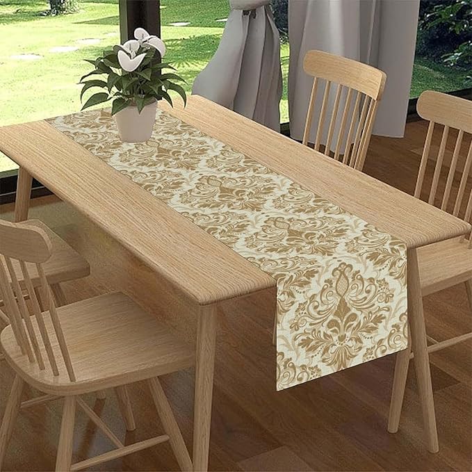 Damask Table Runner, Rustic Gothic Gold Baroque Style Floral Bohemian Boho Flower Antique Vintage Coffee Table Center Decor for Kitchen and Dining Outdoor Country Party Table Decorations, 13"x90"