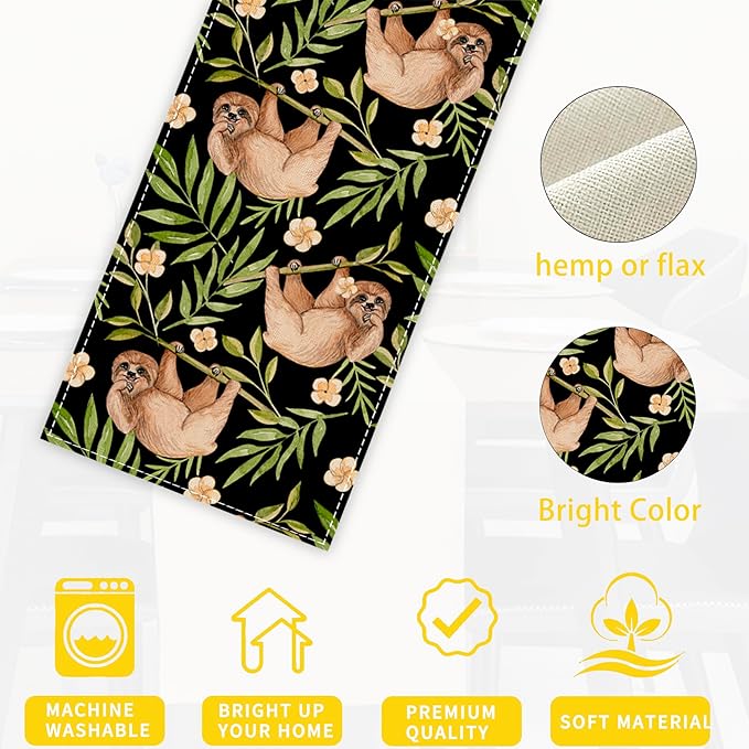 Funny Cute Sloth Flower Table Runner Dresser Scarves Seasonal Linen Tablerunner for Indoor Outdoor Kitchen Home Party Holiday Dining Table Decor 13 X 70 Inch