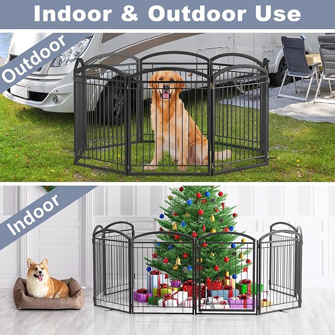 Full Metal Free Standing Dog Gate with Door for Indoor Outdoor, 192'' Extra Wide 36'' Tall Dog Gate for Doorways,Large Openings,Decks,Pet Puppy Freestanding Safety Fence(8 Panels,Black)