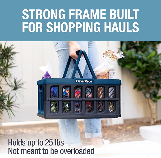 CleverMade Collapsible Shopping Basket, Ocean, 3PK - 24L (6 Gal) Reusable Plastic Grocery Shopping Baskets, Holds 25lbs Per Basket - Small Foldable Storage Crates with Handles
