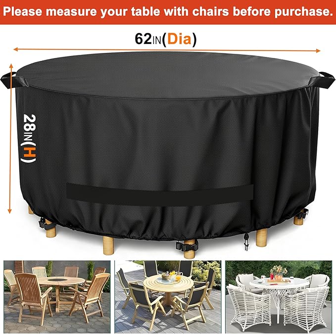 LBTING Round Patio Furniture Cover, Outdoor Table Chair Set Covers 62Dia x 28H Inches, 420D Waterproof Windproof Dust-proof UV-Resistant Furniture Cover - Black