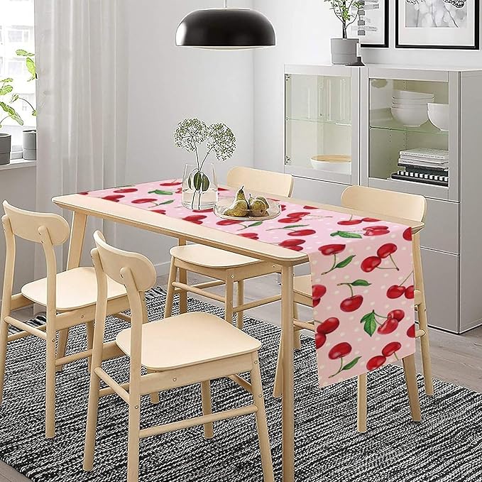 Red Cherry Table Runner, Tropical Fruit Polka Dot Print Table Runner for Birthday Party Dining Room Home Kitchen 13x120in