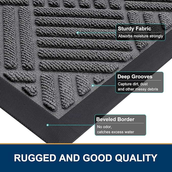 Smiry Front Door Mat Outside Entrance, Heavy Duty Outdoor Indoor Natural Rubber Doormat, Non Slip, Trap Dirt and Moisture, Easy Clean, Low Profile Patio Porch Entryway Mat, 71x23, Grey