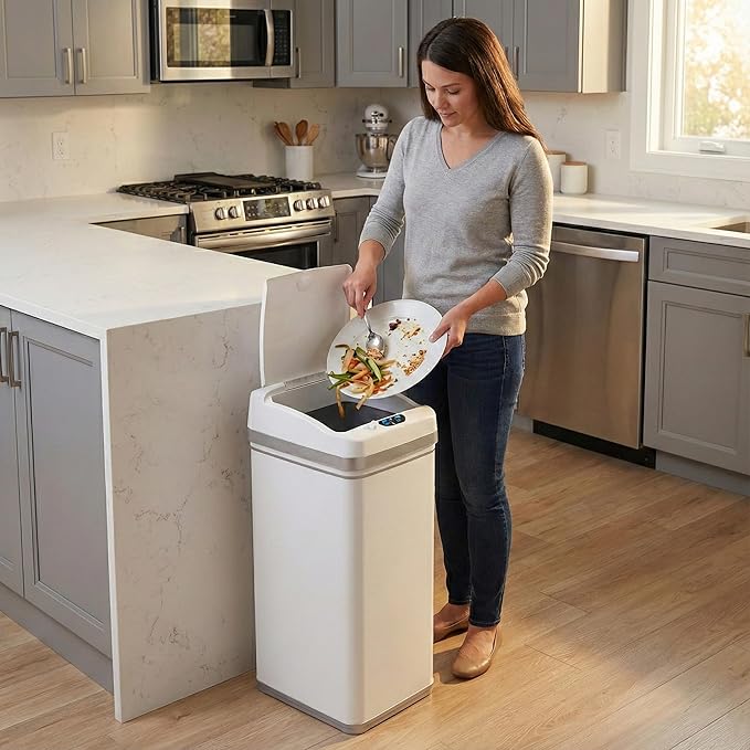 iTouchless 50 Liter / 13 Gallon Kitchen Trash Can with Lid & AbsorbX Odor Filter – Motion Sensor Chalk White Stainless Steel Garbage Bin for Home, Office, or Garage – Slim, Large Capacity Design