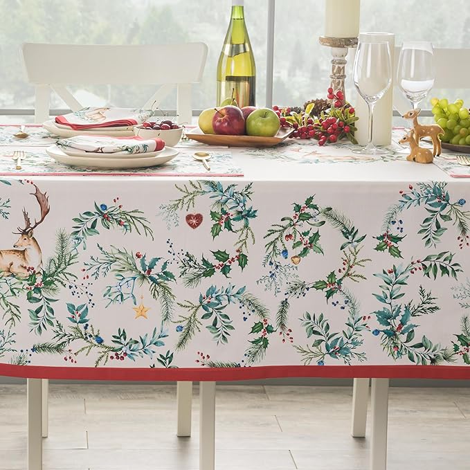 Maison d' Hermine Table Cloth Rectangle Table 100% Cotton 70 x 108 Inches Fall Tablecloth Reusable Everyday Use for Thanksgiving Christmas Decorations Dining Farmhouse Party (Holly Time)