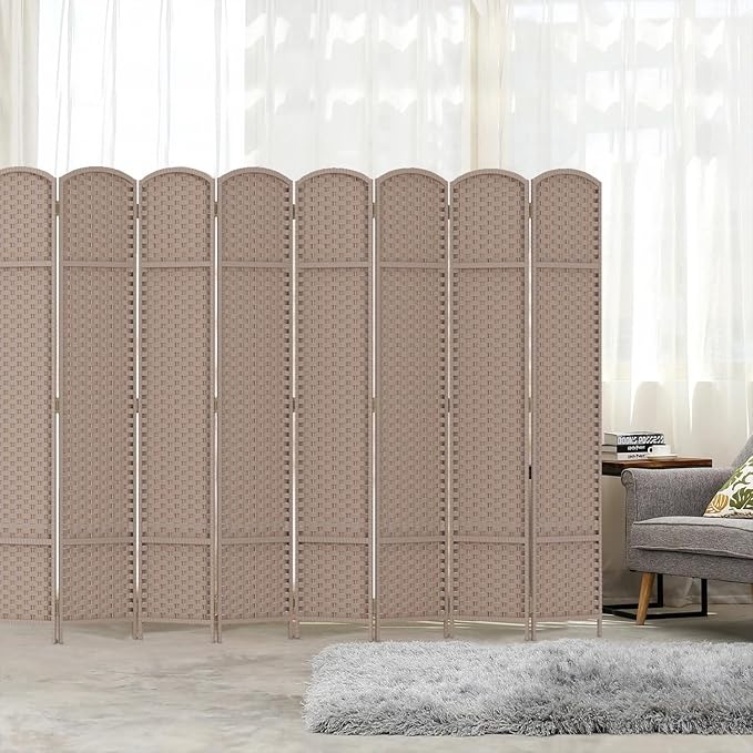 Room Divider 8 Panel Screen 5.6 Ft Tall Partition Room Dividers Beige Privacy Screens Folding Room Separation Free Standing Waterproof Wood Frame Wall Divider