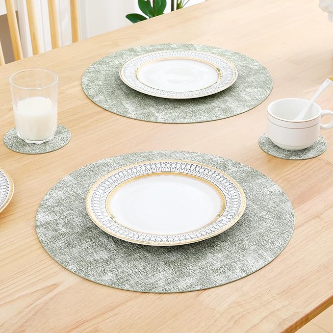 Homaxy Round Faux Leather Placemats and Coasters, Washable Dual-Side Table Mats, Wipeable Heat-Resistant Dining Place Mats for Outdoor and Indoor, Set of 6, Diameter 13 and 3.93 inch, Grass Green