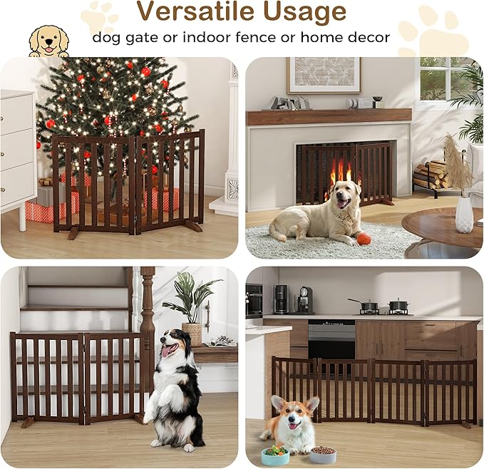 24" Height Tall Freestanding Pet Gate, Solid Wood Folding Safety Fence Wooden Dog Gate with 2 PCs Support Feet Ideal for Stairs, Doorways, Halls, Kitchens, Heavy Duty Gates, 2 Panels, Walnut