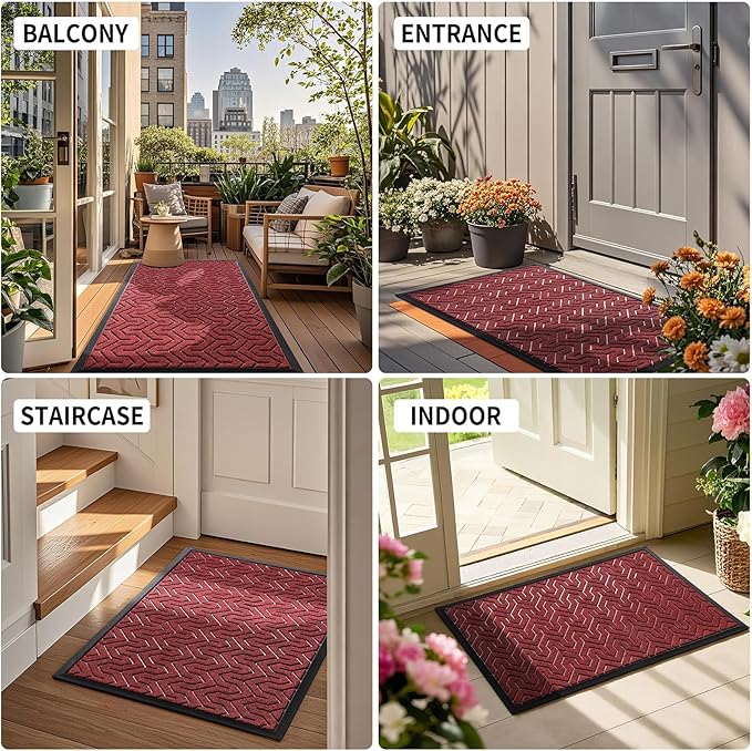 Yimobra Large Door Mat Outside Entrance 47x32, Waterproof Heavy Duty Outdoor Mats for Front Door, Non Slip Rubber Entry Mat for Garage Patio Indoor, Easy Clean, Black Red