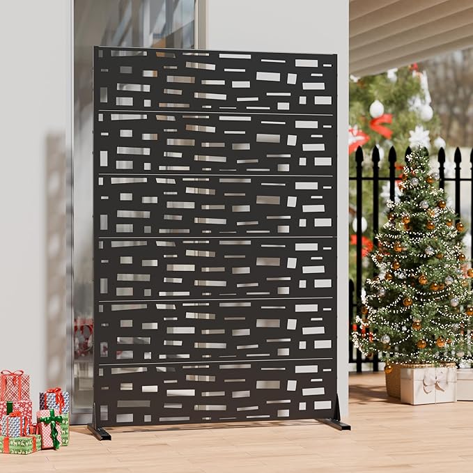 Casaphoria Metal Privacy Screen Outdoor, 72" H x 47" W Freestanding Decorative Privacy Screen for Patio Deck Balcony Garden with Stable Base, Black-Gerald