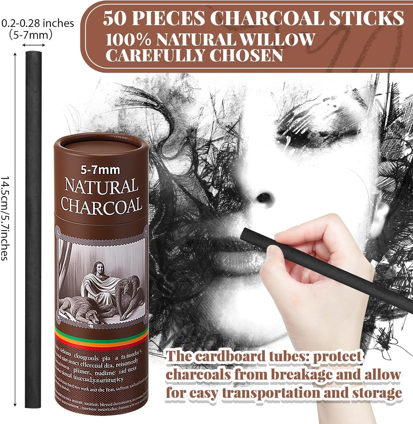 Gueevin 50 Pcs Willow Charcoal Sticks, Willow Charcoal, Artists, Beginners, Students, Perfect for Sketching, Drawing, Shading, and Fine Art Christmas Gifts for Art (5-7mm)