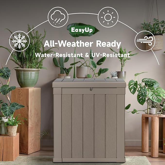 EasyUp 50 Gallon Outdoor Storage Box, Resin Waterproof UV-Resistant Deck Box, Reinforced Stability for Patio, Garden, and Poolside, Striped Gray