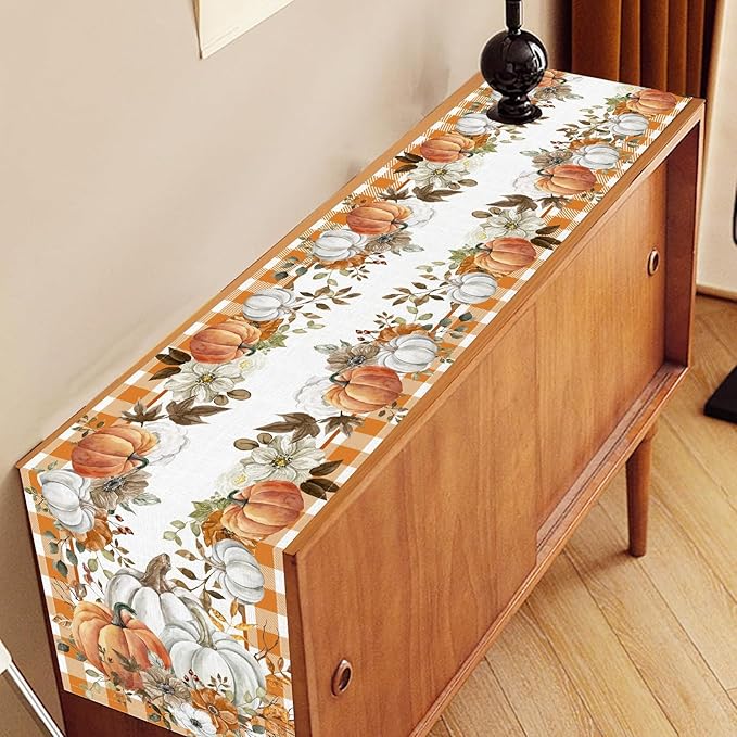 Fall Table Runner, Farmhouse Autumn Pumpkin Harvest Orange Buffalo Plaid Thanksgiving Rustic Coffee Table Center Decor for Home Kitchen Dining Patio Holiday Party Indoor Outdoor, 13"x108" Inch