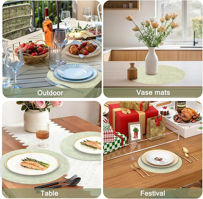 Round Faux Leather Placemats and Coasters, Set of 4, Reversible Heat Resistant Non-Slip Table Mats, Waterproof Wipeable Place Mats for Dining Table, Washable for Indoor & Outdoor (4, Light Green)