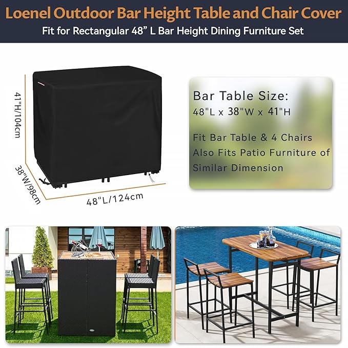 Outdoor Bar Table Set Cover, Heavy Duty Waterproof Outdoor Wicker Patio Bar Height Bistro Furniture Set Cover for 4 Person-Patio Table and Chairs Set - 48"L x 38"W x 41"H